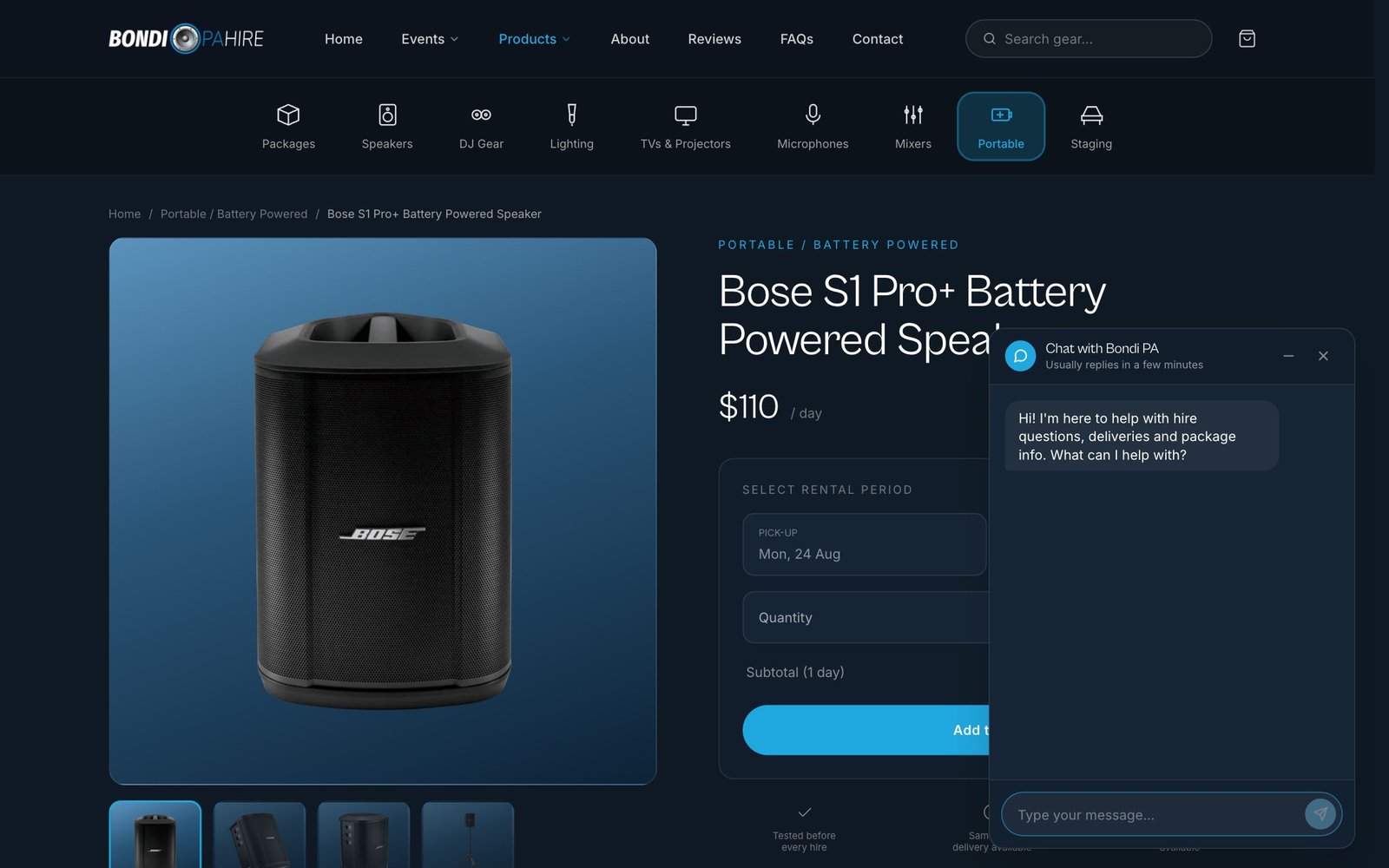 The chat assistant open on a product page