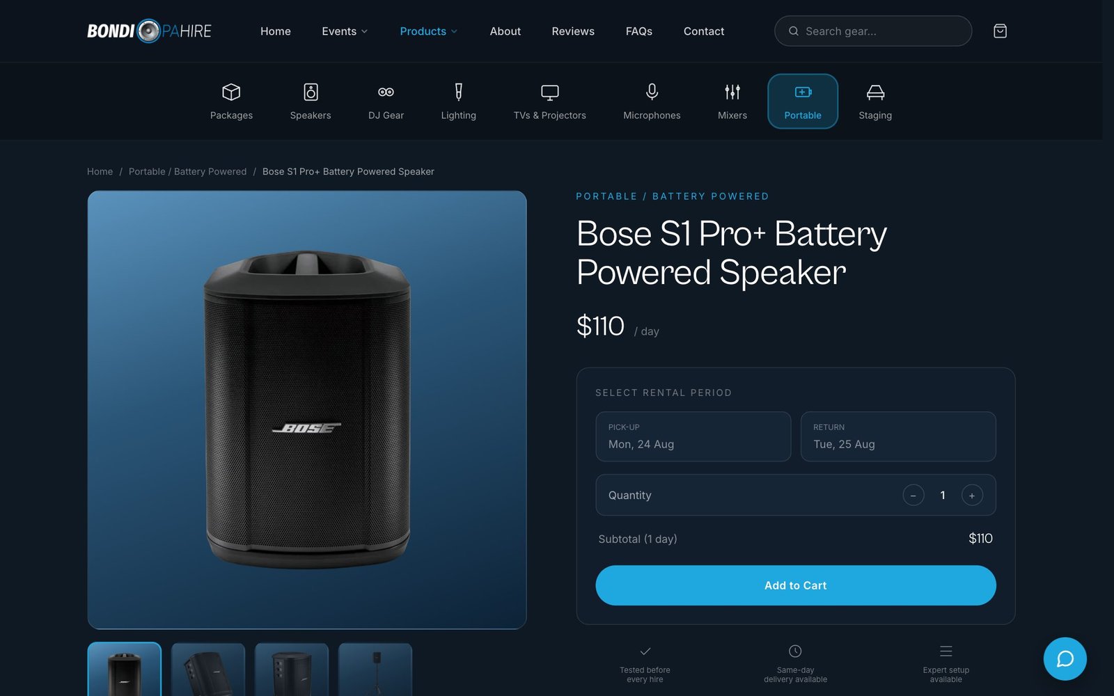 Product page for the Bose S1 Pro speaker with date picker