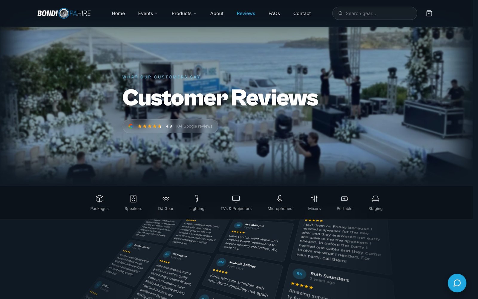 Reviews page showing Google reviews in a marquee